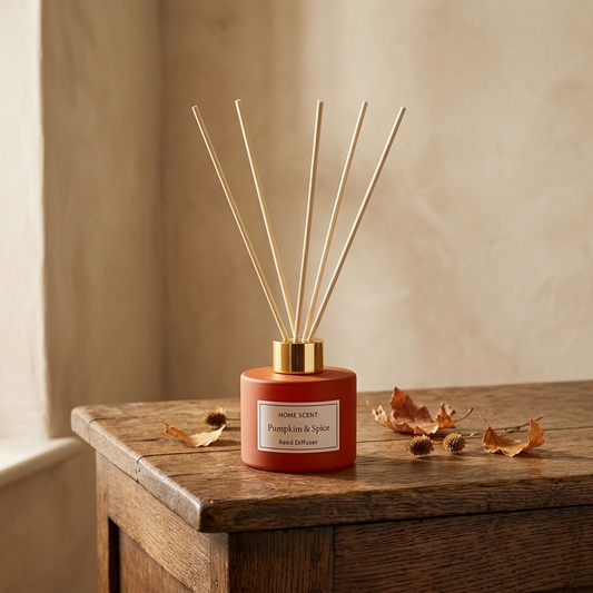 Pumpkin & Spice Reed Diffuser styled on an aged wooden dresser in a warm English country home
