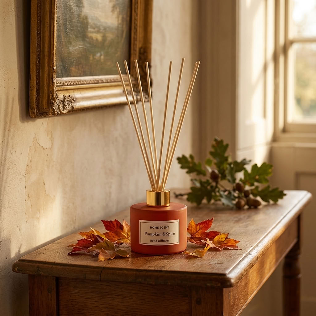 Pumpkin & Spice Reed Diffuser styled with autumn foliage on an antique console in an English country hallway