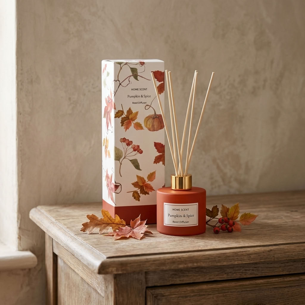 Pumpkin & Spice Reed Diffuser displayed with its illustrated autumn gift box on an aged wooden dresser