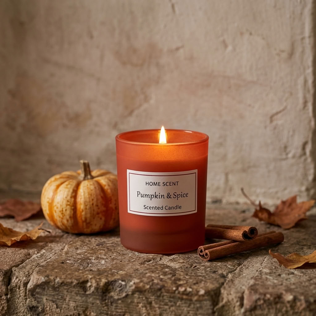Pumpkin & Spice Scented Candle lit beside a small pumpkin, cinnamon and autumn leaves in a country home