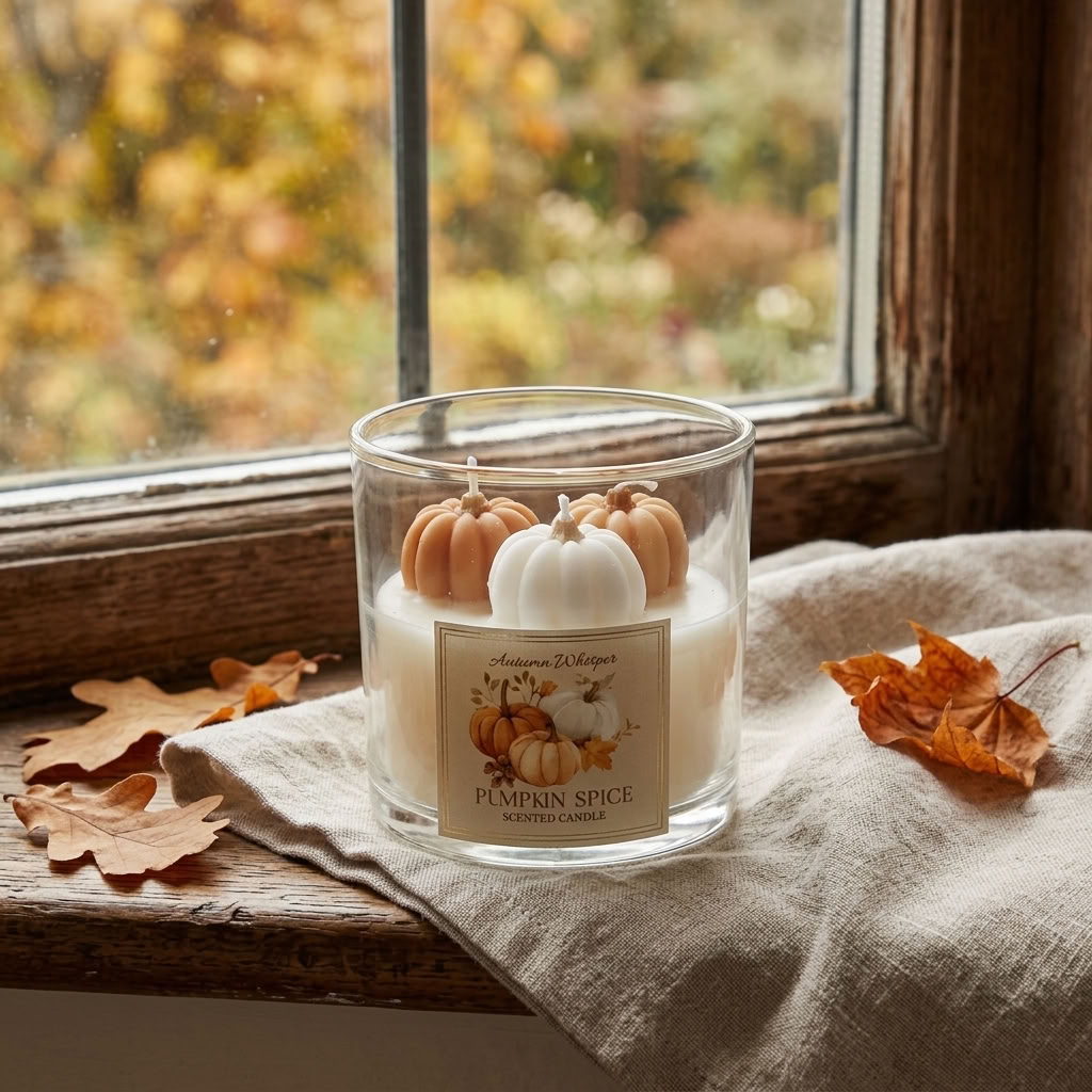Pumpkin Spice Scented Candle styled on a cottage window ledge overlooking an autumn garden