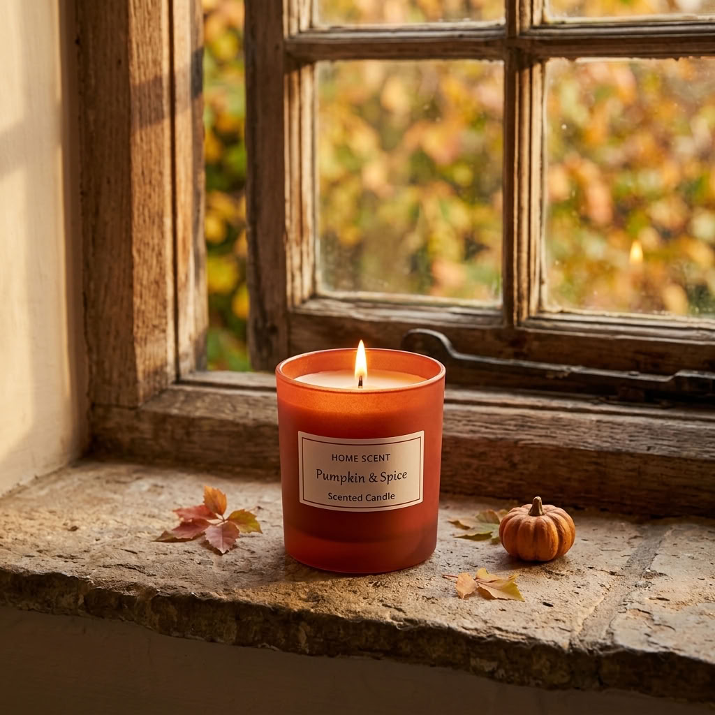Pumpkin & Spice Scented Candle glowing on an aged cottage windowsill with autumn foliage outside