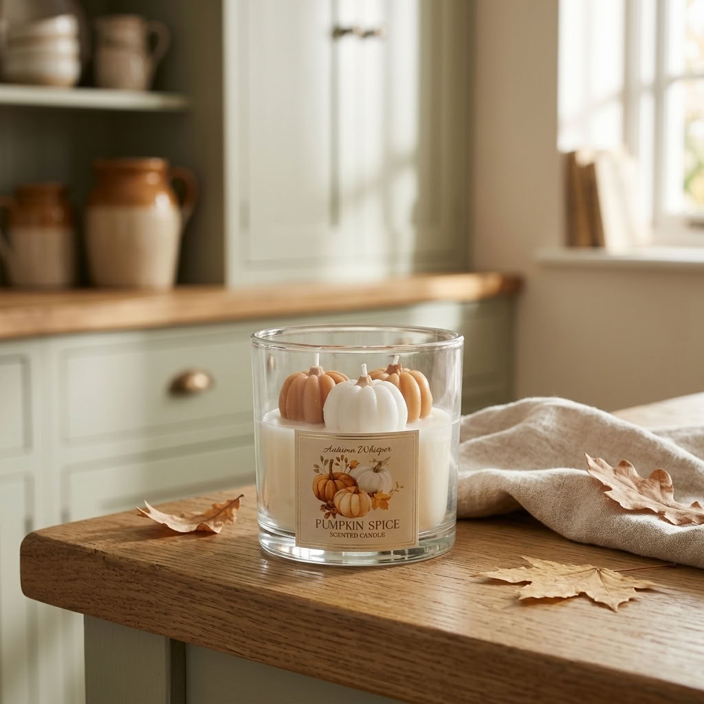 Pumpkin Spice Scented Candle styled on an oak worktop in a warm English country kitchen