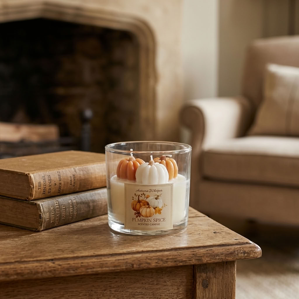 Pumpkin Spice Scented Candle displayed with vintage books in a cosy English country sitting room
