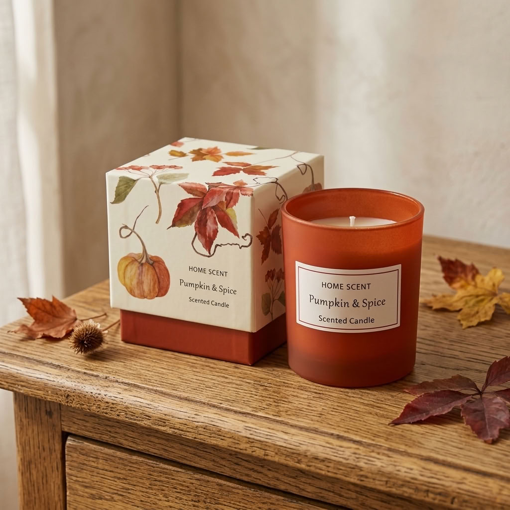 Pumpkin & Spice Scented Candle displayed with its illustrated autumn gift box on an aged wooden dresser