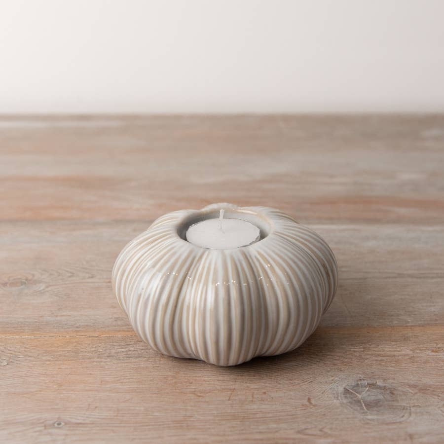 Pumpkin Tealight Holder viewed from above showing the central tealight opening and ribbed ceramic finish