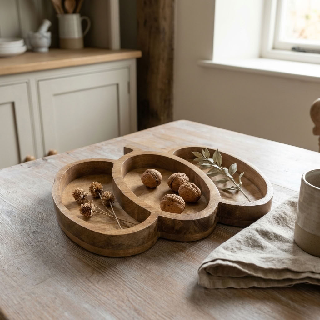 Pumpkin Wooden Serving Tray styled with natural autumn details on a wooden table in an English country kitchen