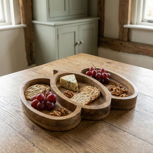 Pumpkin Wooden Serving Tray with cheese, crackers, fruit and nuts styled on an aged oak country kitchen table