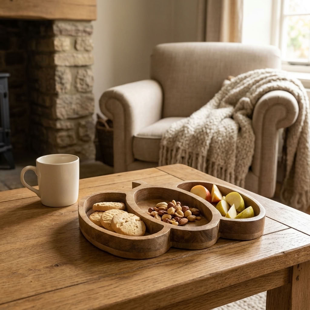 Pumpkin Wooden Serving Tray with snacks displayed on a rustic coffee table beside a mug in a country living room