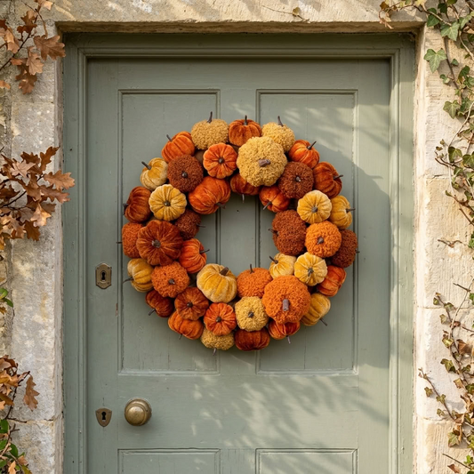 Pumpkin Wreath 44cm with orange and golden pumpkins displayed on a sage green English country cottage door