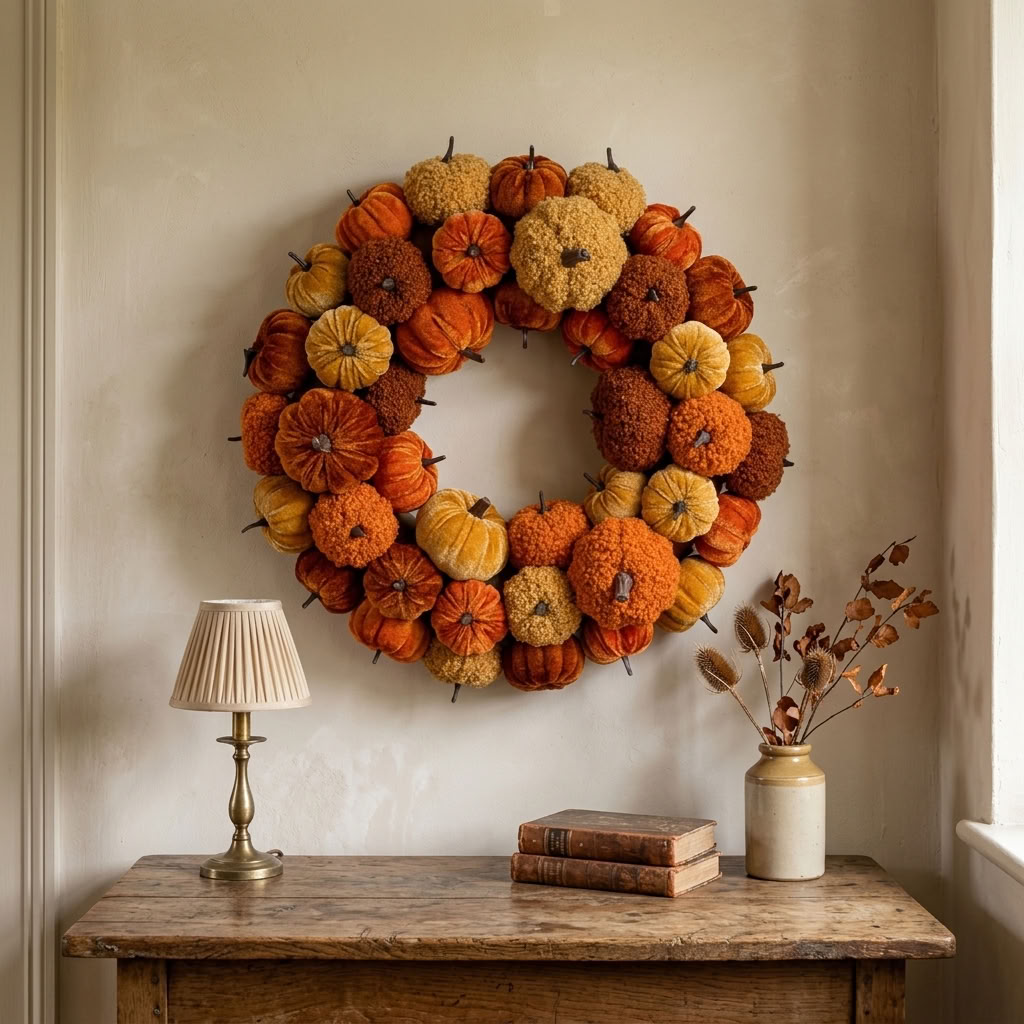 Pumpkin Wreath 44cm displayed above an aged wooden console table in a warm English country hallway