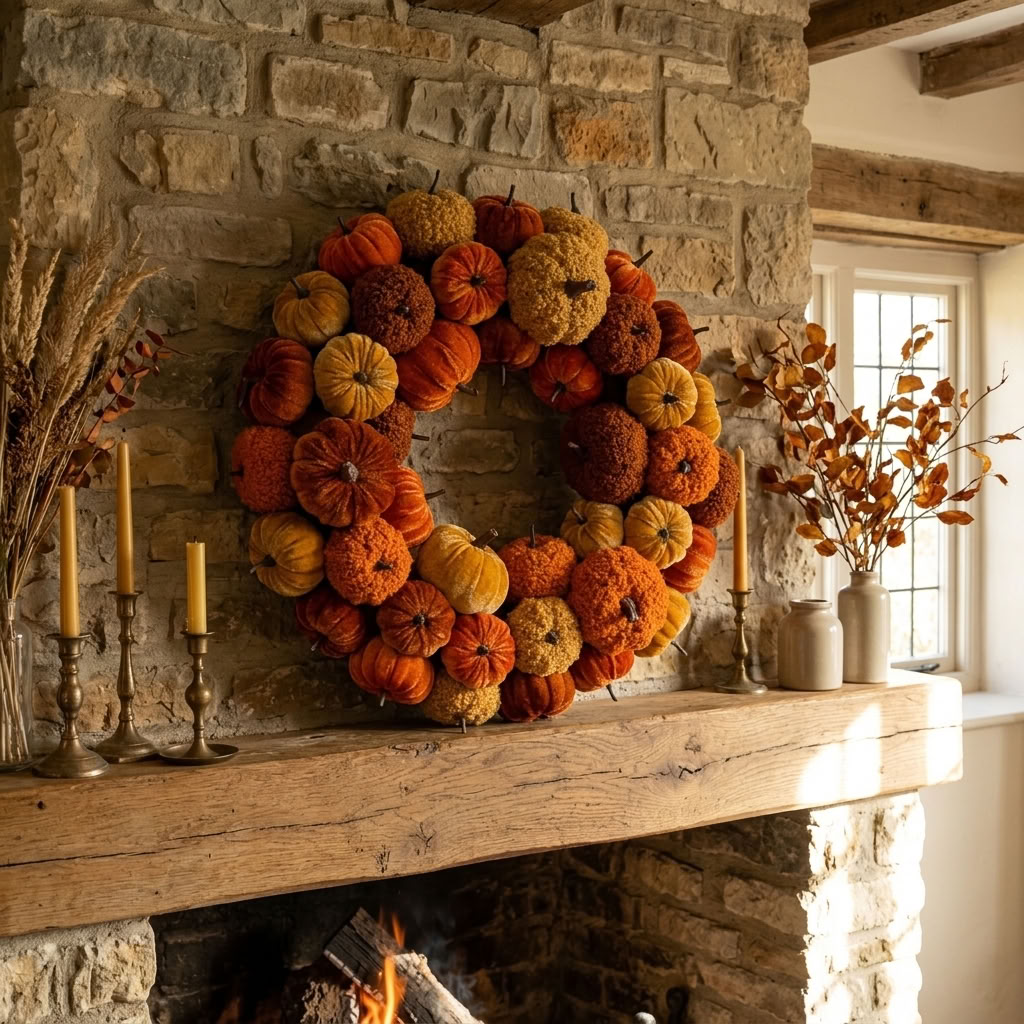 Pumpkin Wreath 44cm displayed above an aged oak mantel and rustic stone fireplace in an English country cottage