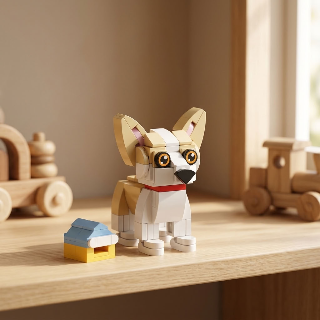 Build Your Own Puppy Model Brick Kit with its miniature dog house on a wooden playroom shelf in soft natural light