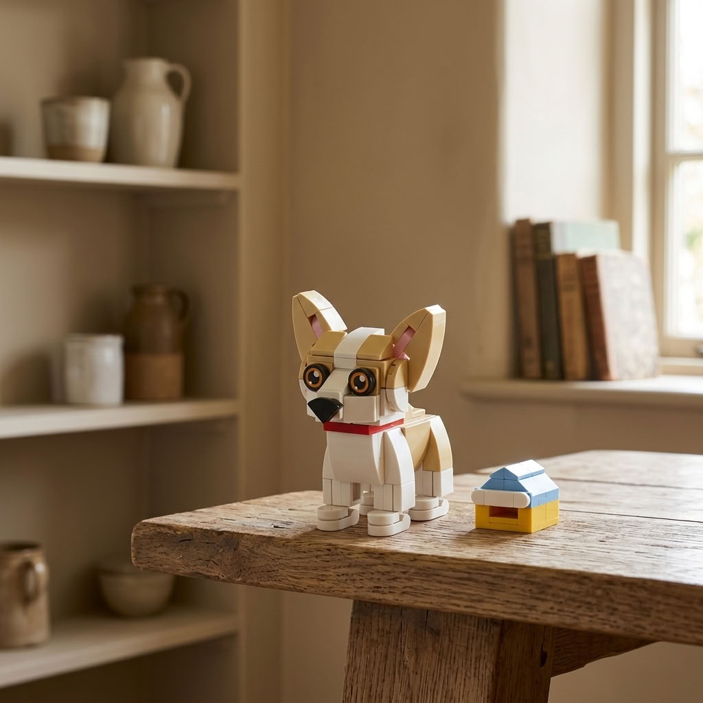 Build Your Own Puppy Model Brick Kit displayed on a rustic wooden shelf with its miniature blue and yellow dog house