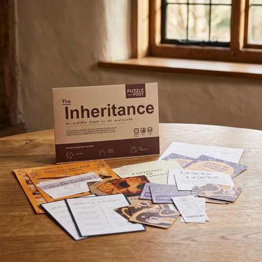 Puzzle Post The Inheritance escape room game with puzzle contents displayed on a traditional wooden table