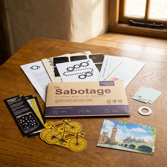 Puzzle Post The Sabotage escape room game with puzzle contents displayed on a traditional wooden table