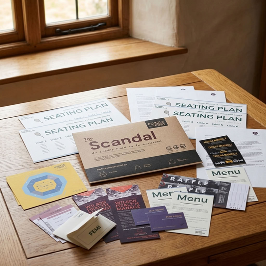 Puzzle Post The Scandal escape room game with puzzle cards and contents displayed on a traditional wooden table