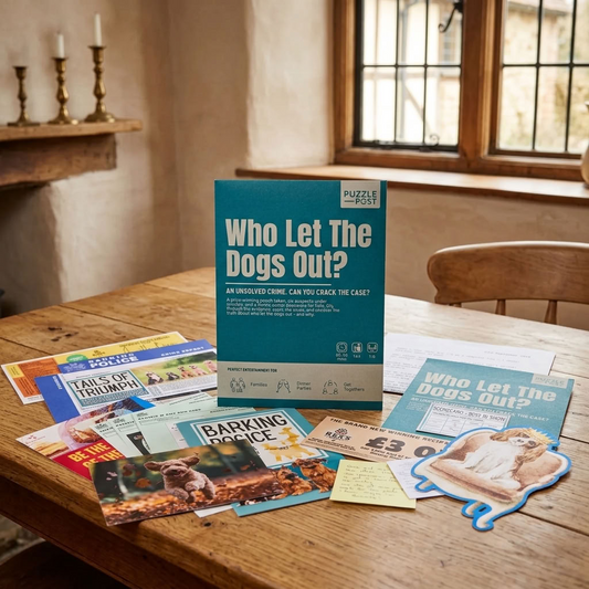 Puzzle Post Who Let The Dogs Out mystery game with case files, clues and game contents displayed on a traditional wooden table