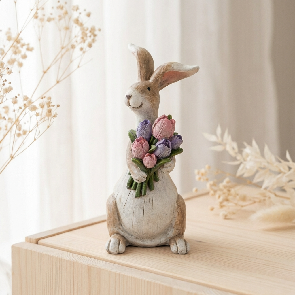 Floral rabbit ornament styled in a light country home interior