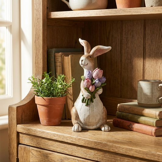 Rabbit holding pink and purple flowers ornament styled on a rustic wooden bookcase