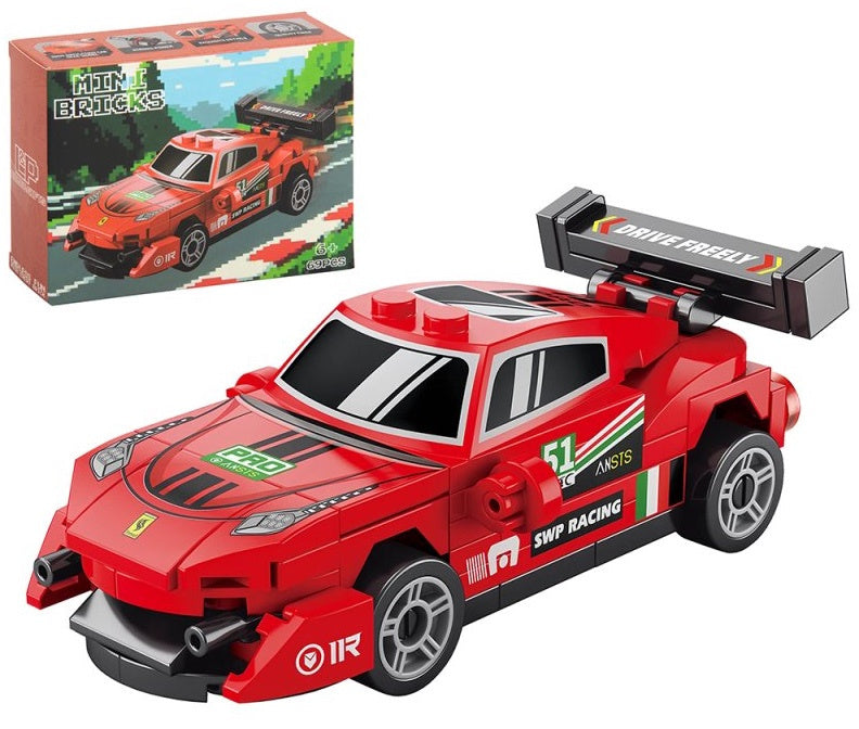 Race Car Model Brick Kit featuring a red miniature racing car with black rear spoiler, racing graphics, detailed wheels and illustrated retail packaging.
