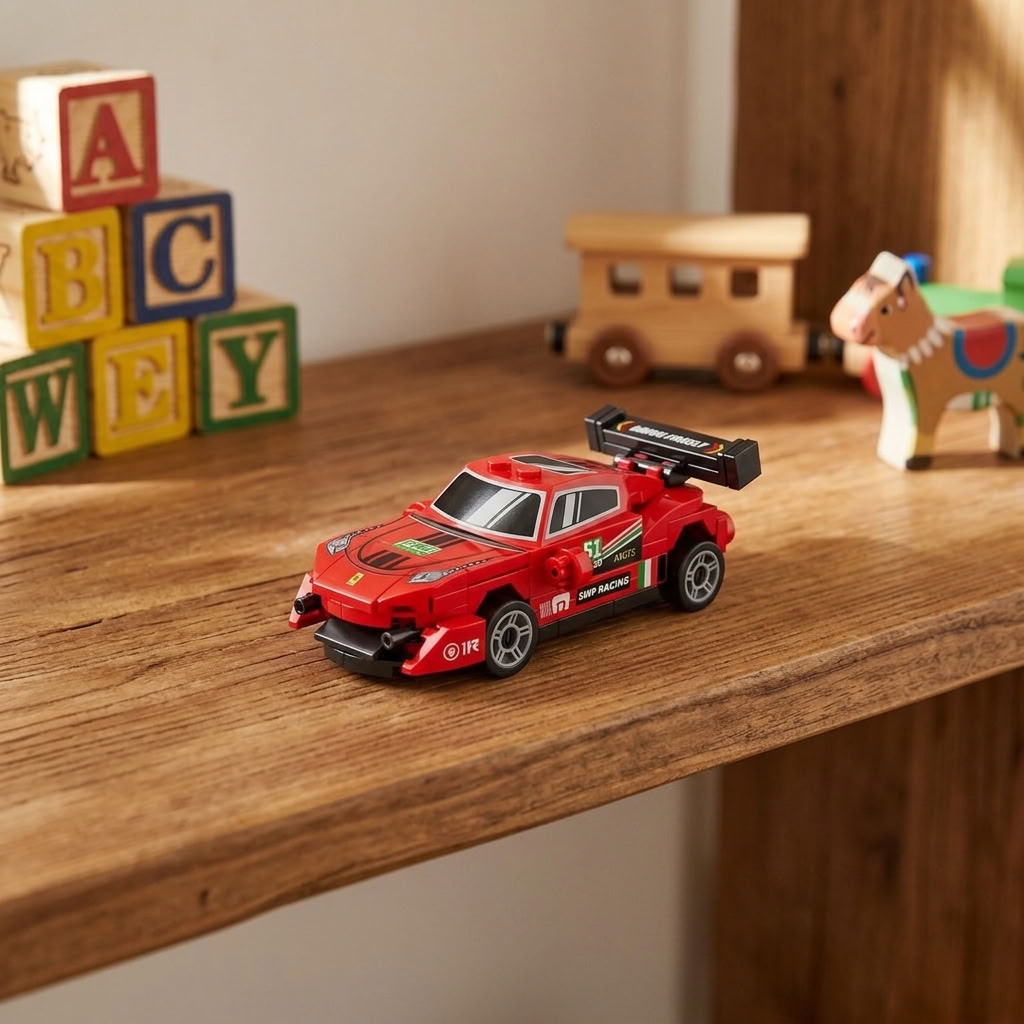 Build Your Own Race Car Mini Bricks Kit displayed on a wooden playroom shelf with colourful toy blocks in the background