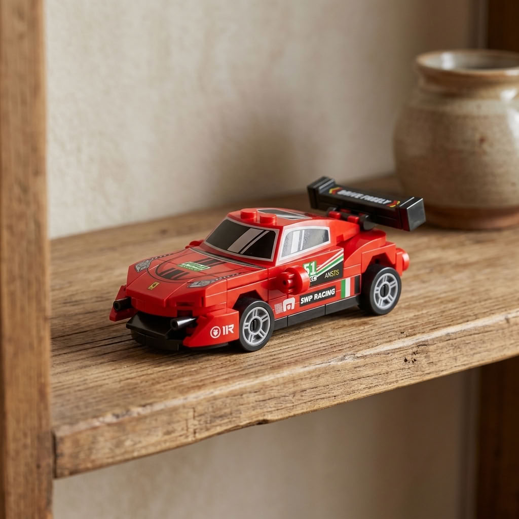 Build Your Own Race Car Mini Bricks Kit displayed on a rustic wooden shelf in a warm traditional home