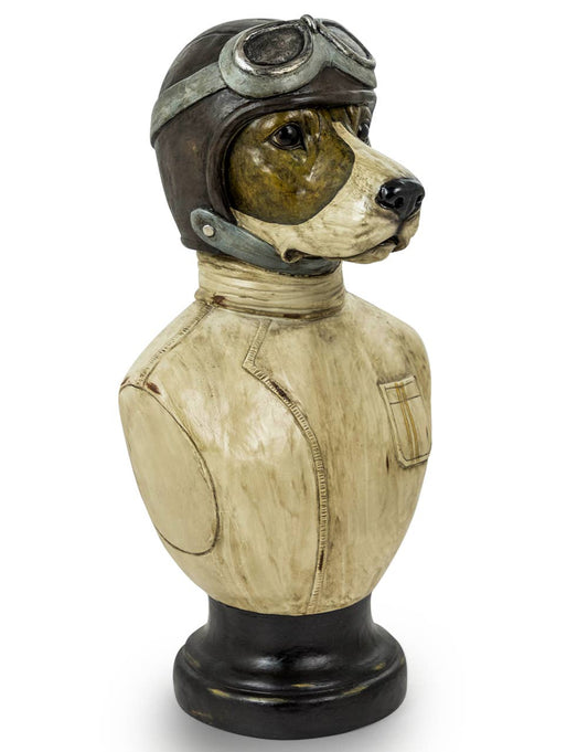 Racing Driver Dog Bust wearing a vintage racing helmet, goggles and cream jacket, displayed on a dark pedestal base