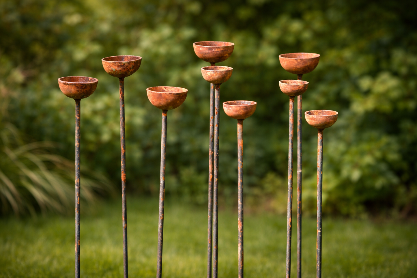 Rusty Metal Rain Catcher Cluster Garden Stakes – 1m Steel Sculpture Set
