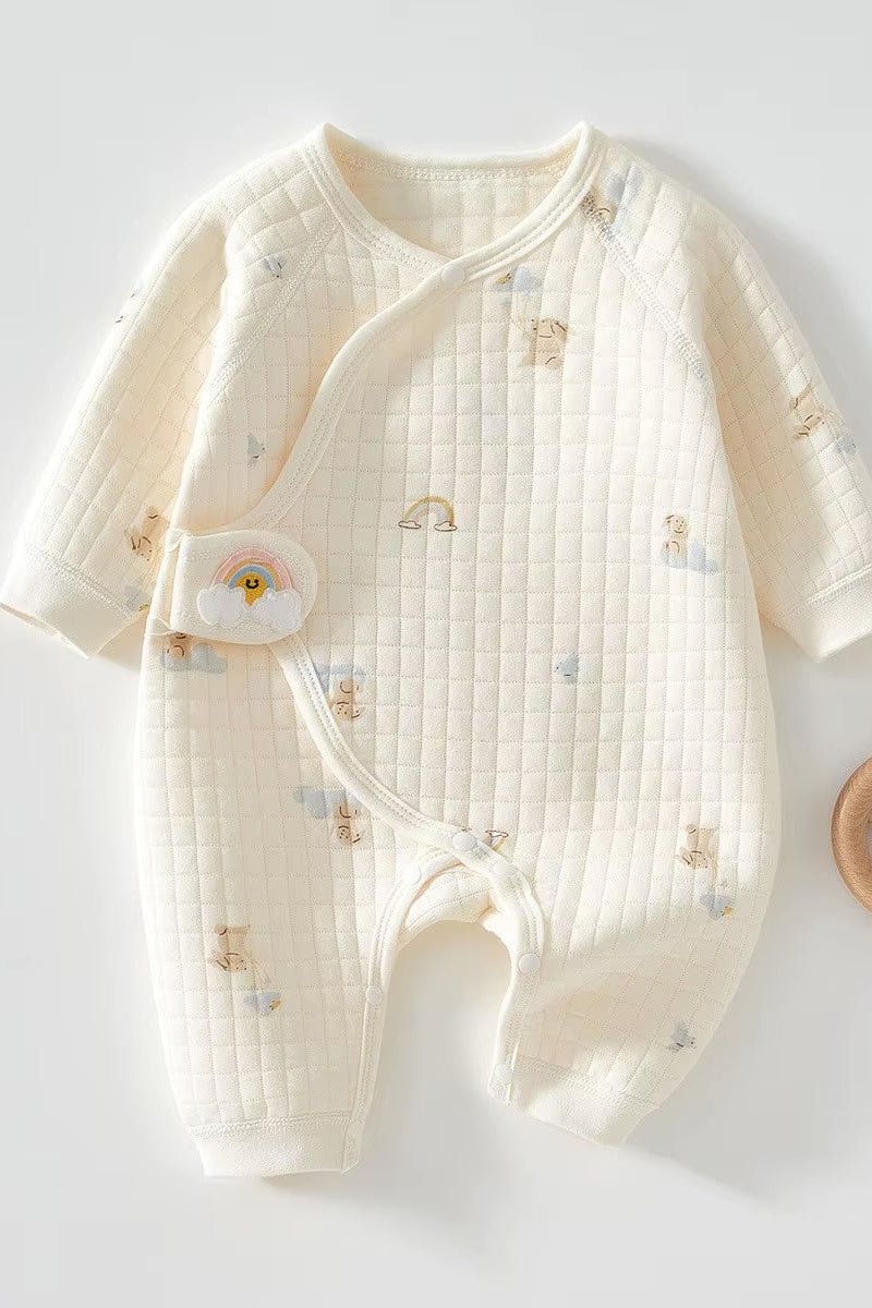 Full view of The Rainbow Bouclé Wrap Baby Grow Romper by Cozy Crew Club