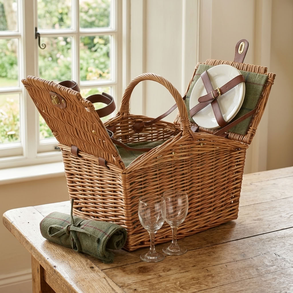 2 Person Ravenstor Slope-Sided Picnic Hamper displayed open in an English country garden with green tweed blanket and picnic accessories