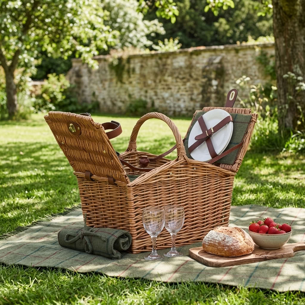 2 Person Ravenstor Slope-Sided Picnic Hamper open on a rustic farmhouse table with green tweed accessories and fitted picnic tableware