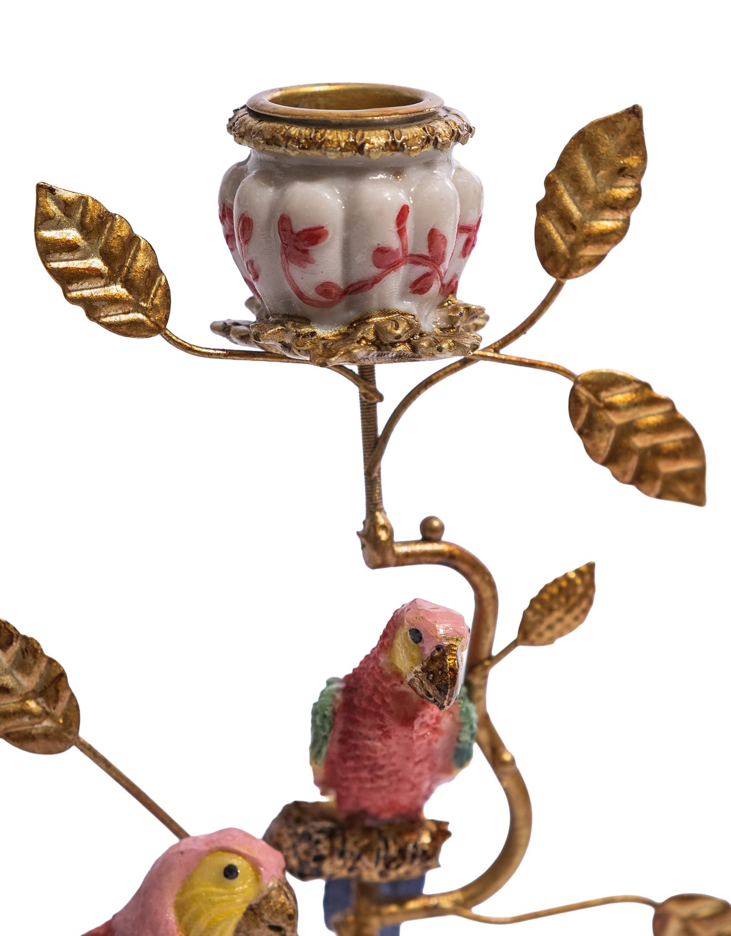 Red & Gold Parrot Candle Holder close-up showing the decorative red and cream candle cup and gold leaves