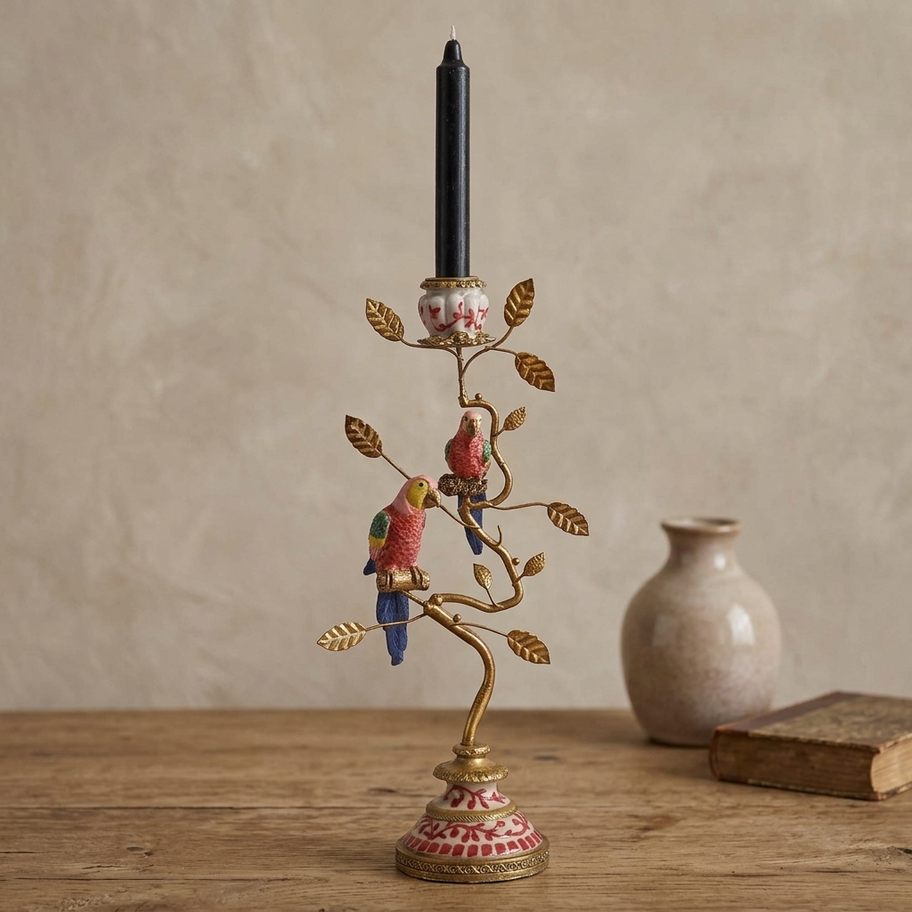 Red and gold parrot candle holder with a black taper candle displayed on a traditional oak surface against a warm neutral wall.