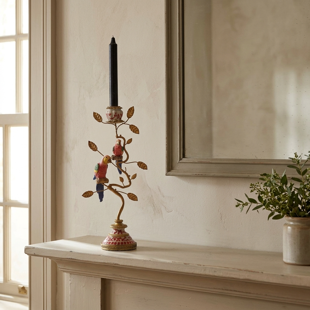 Red and gold parrot candle holder with a black taper candle styled on a pale mantelpiece beneath an aged mirror with subtle greenery.