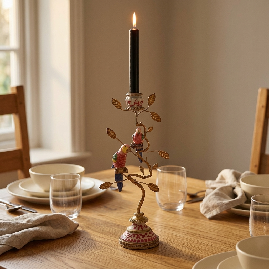 Red and gold parrot candle holder with a lit black taper candle styled on an oak dining table with neutral tableware and glassware.