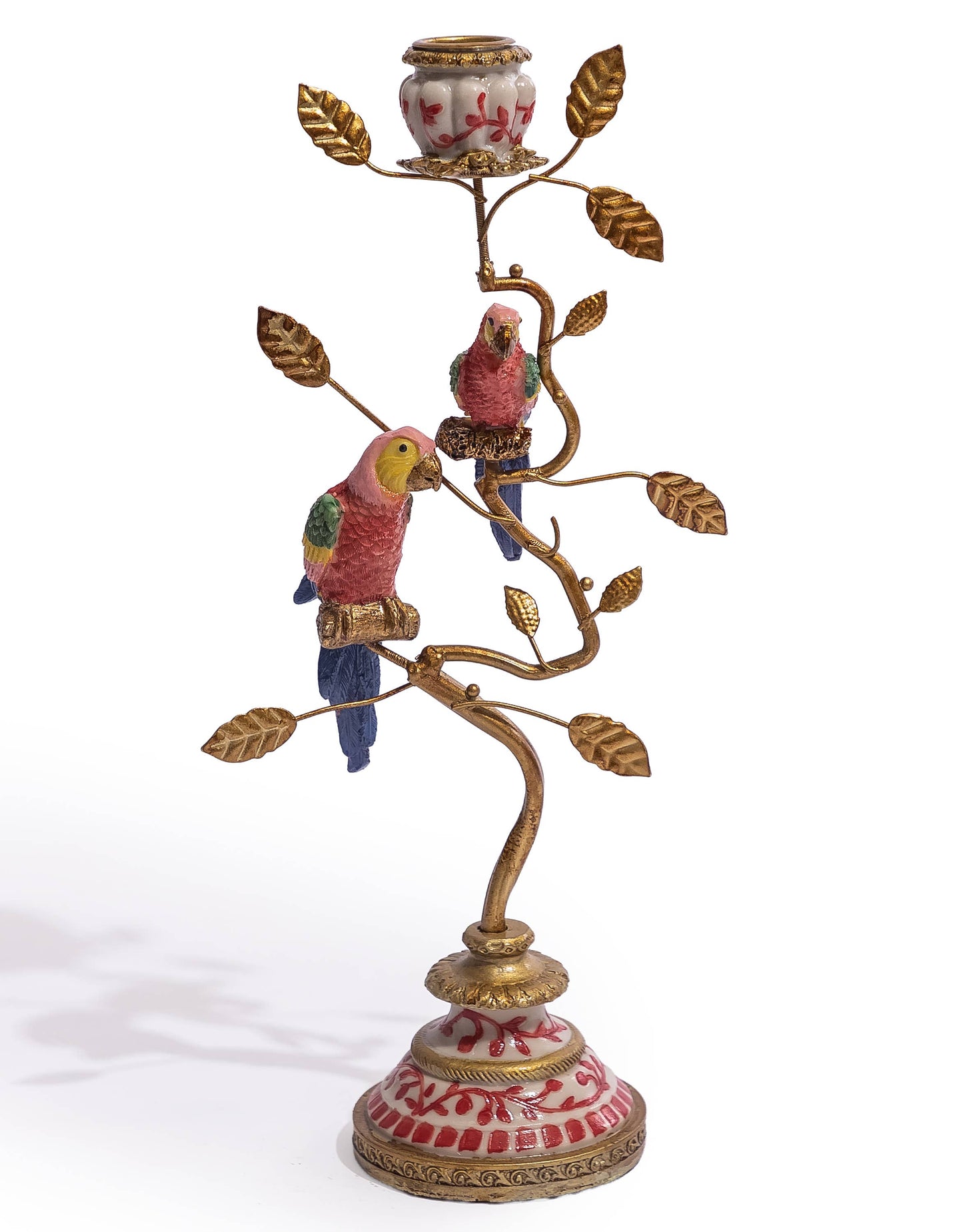 Antiqued Ornate Branch Red & Gold Parrot Candle Holder with two colourful parrots and decorative gold leaves