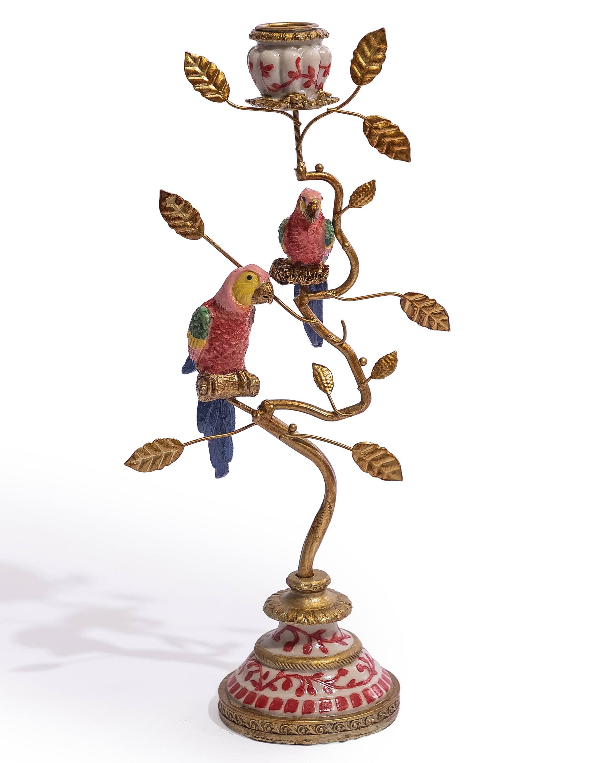Antiqued Ornate Branch Red & Gold Parrot Candle Holder with two colourful parrots and decorative gold leaves