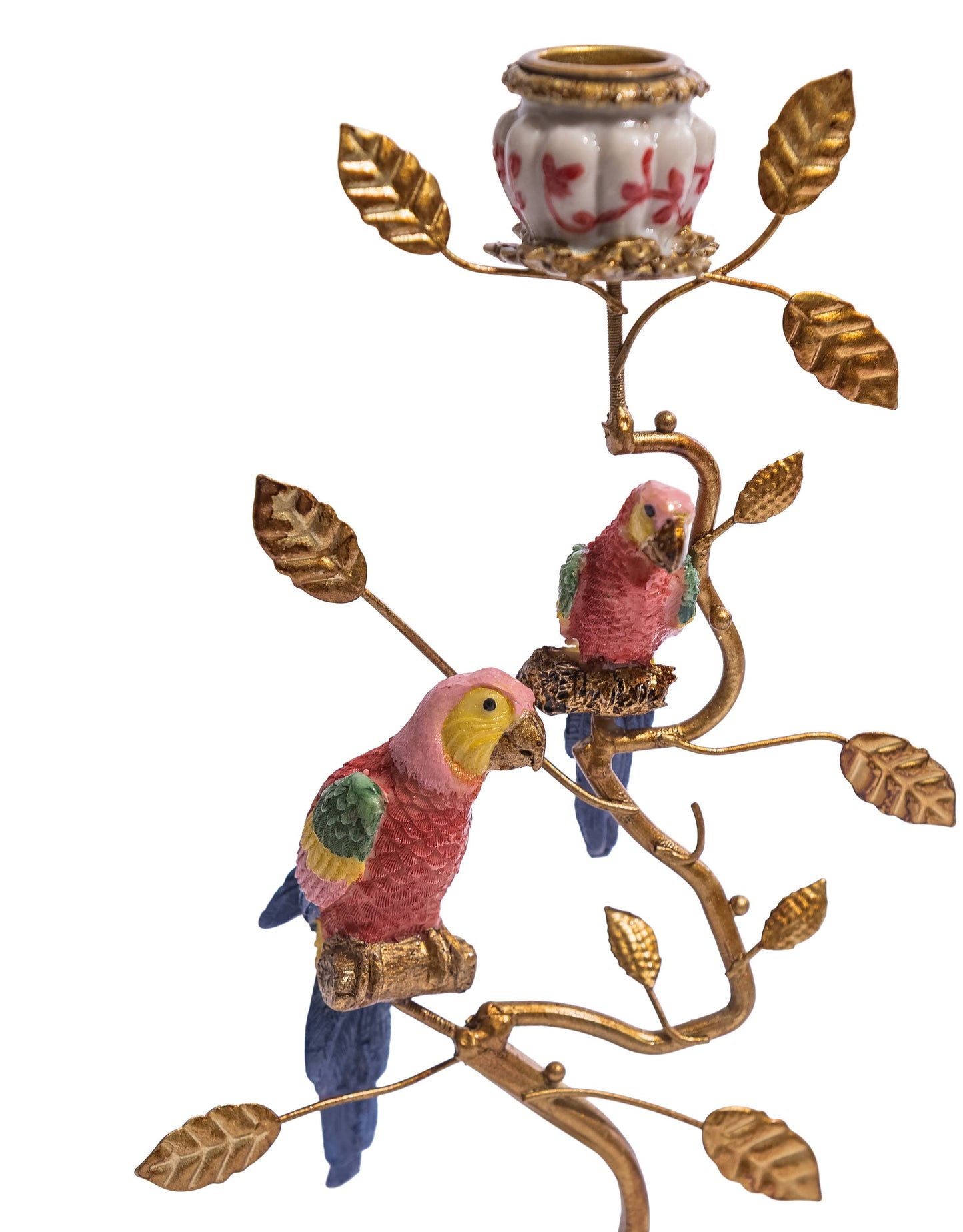 Red & Gold Parrot Candle Holder close-up showing the two colourful parrots amongst antiqued gold branches