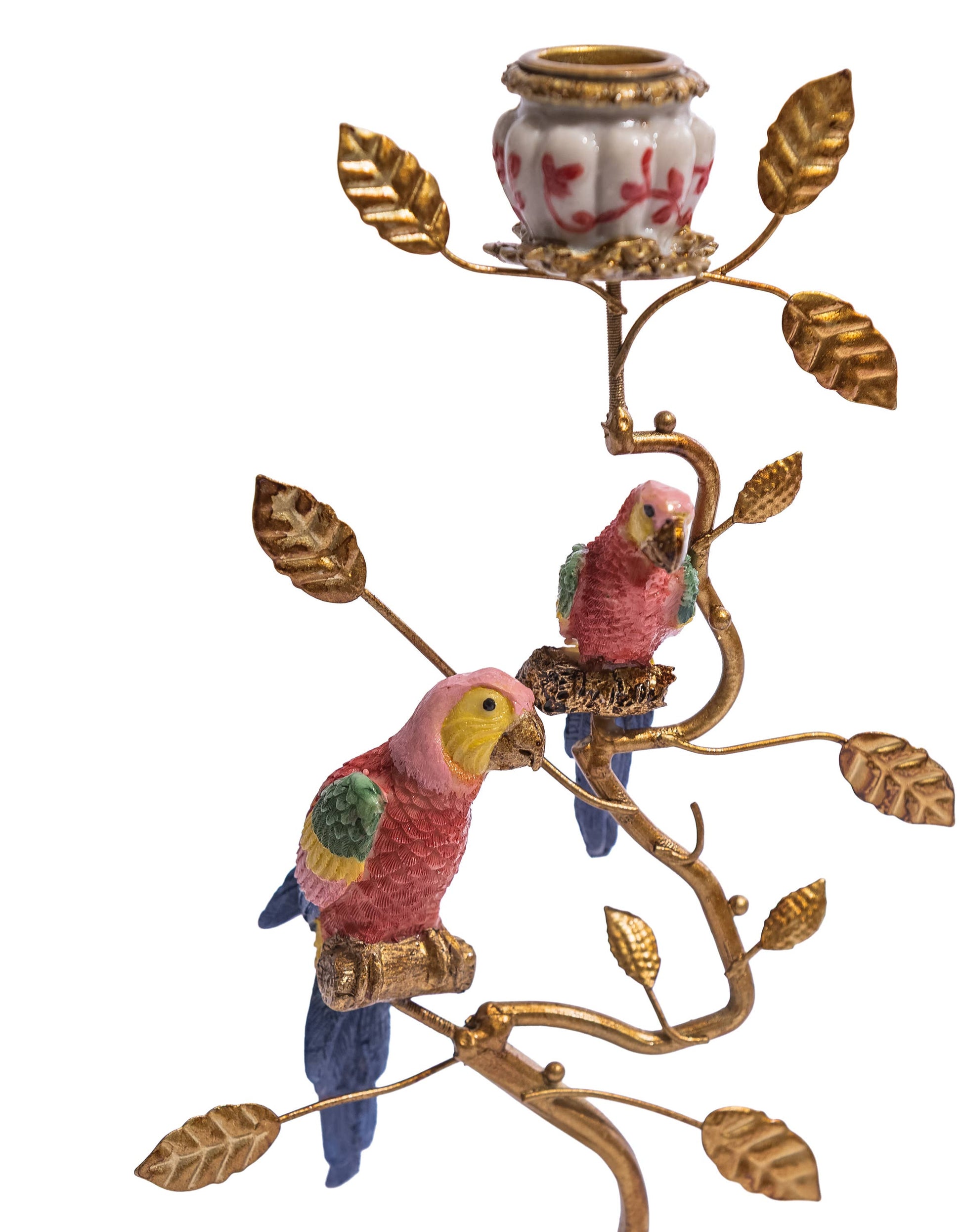 Red & Gold Parrot Candle Holder close-up showing the two colourful parrots amongst antiqued gold branches