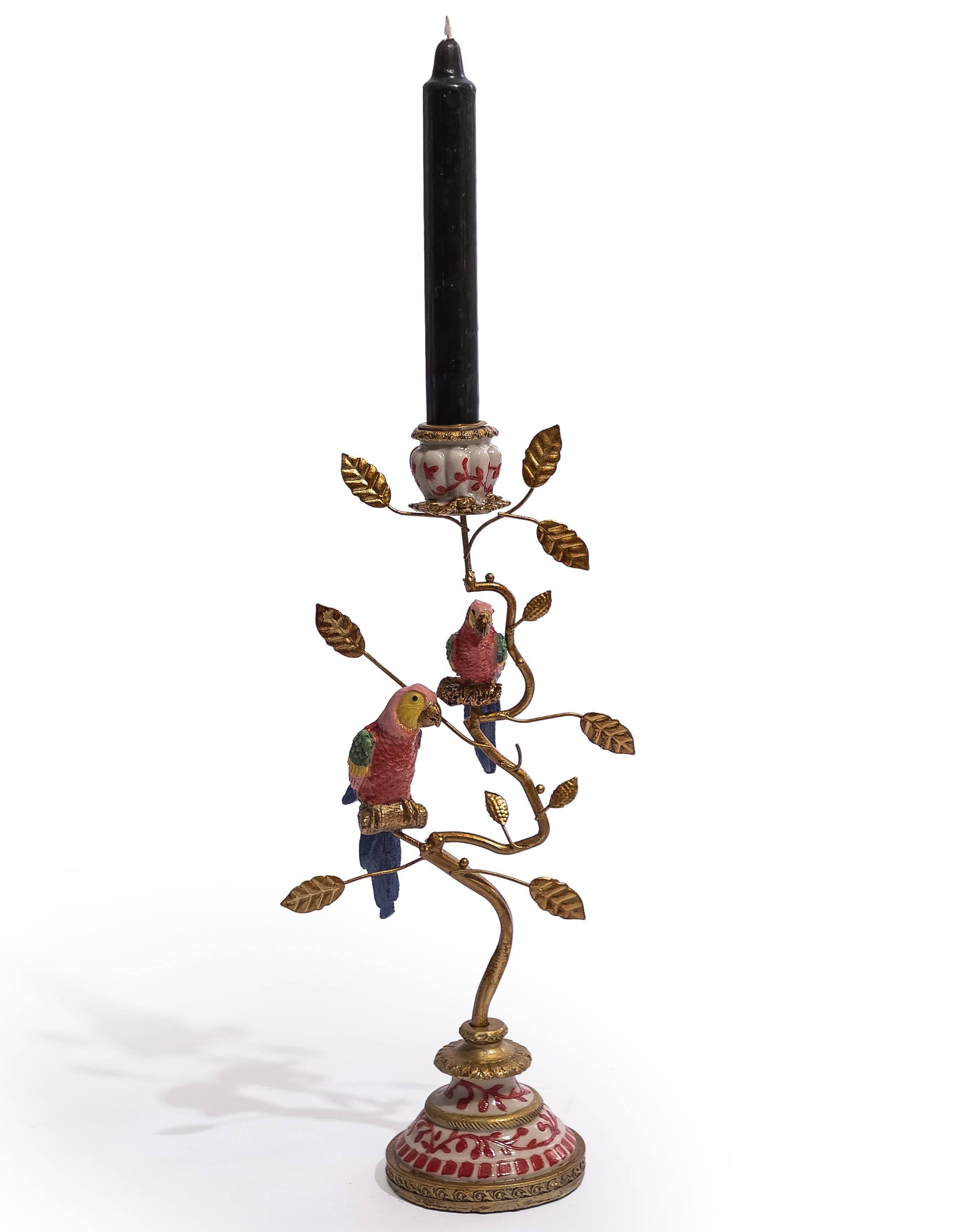 Antiqued Red & Gold Parrot Candle Holder displayed with a tall black dinner candle