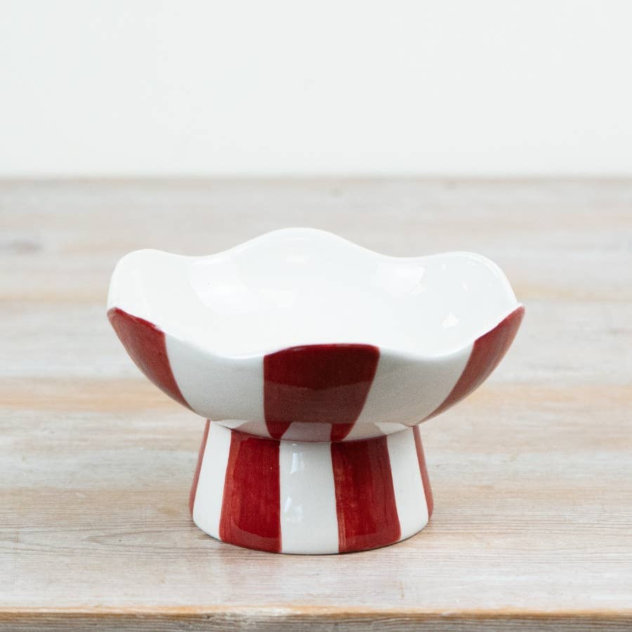 Red and white Candy Stripe Pedestal Bowl 15cm with scalloped rim
