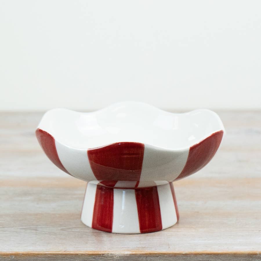 Red and white Candy Stripe Pedestal Bowl 20cm with scalloped rim