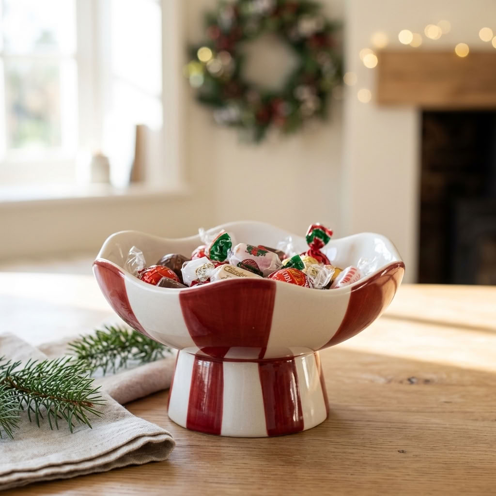 Red and white Candy Stripe Pedestal Bowl filled with festive treats in a Christmas setting