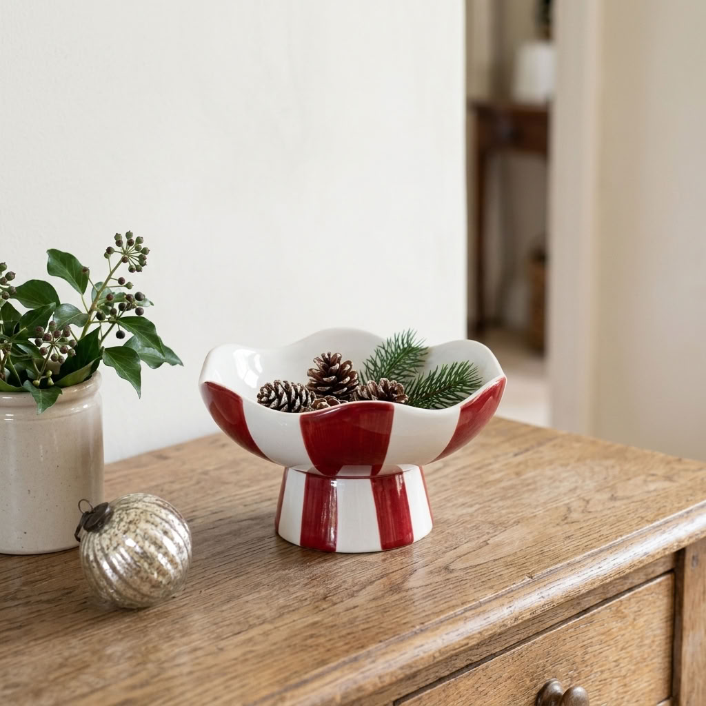 Red and white Candy Stripe Pedestal Bowl styled with festive greenery on a dining table
