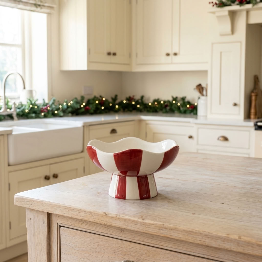 Red and white Candy Stripe Pedestal Bowl styled on a country kitchen table