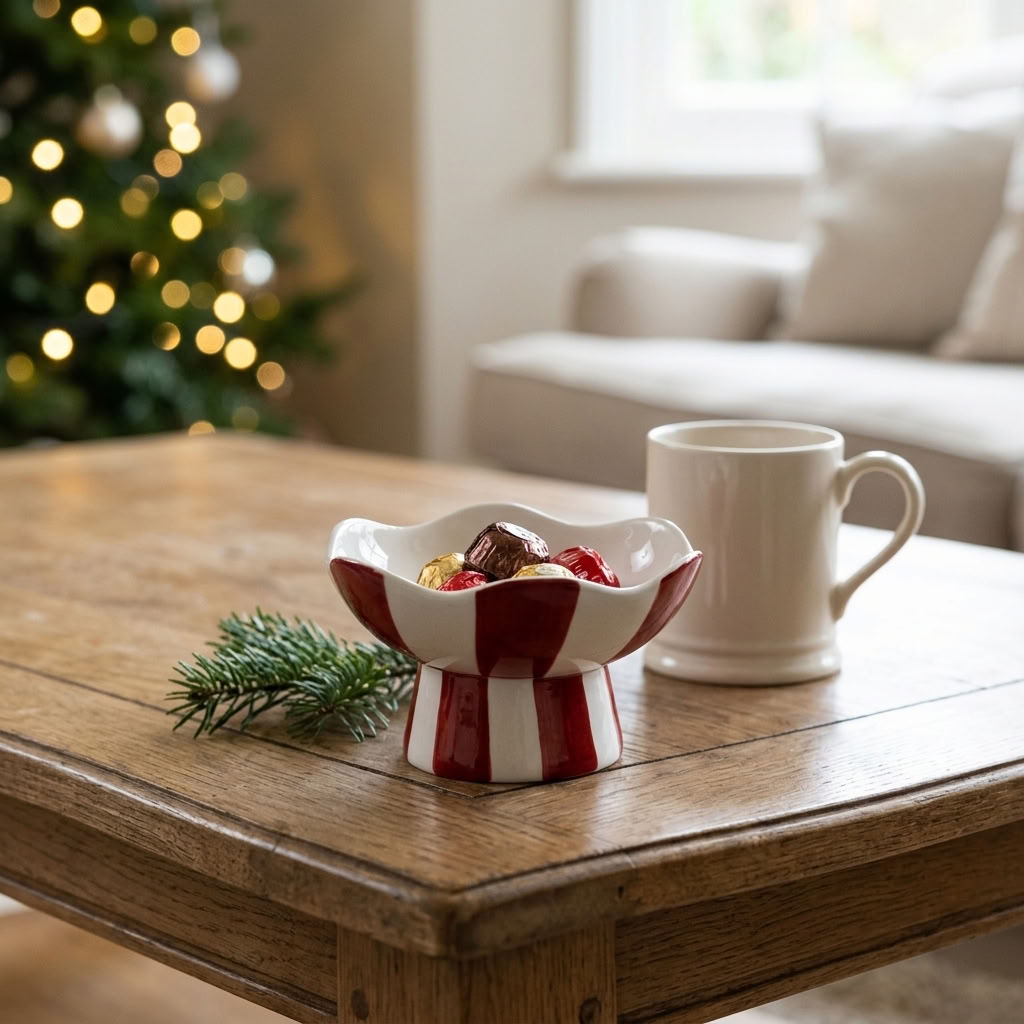 Red & White Striped Candy Bowl with Christmas treats beside a ceramic mug on an oak country house coffee table