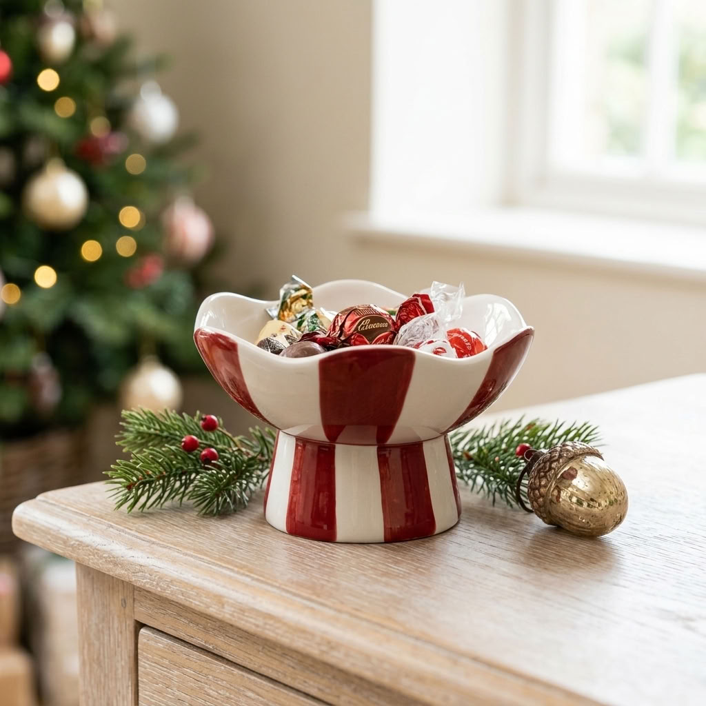 Red & White Striped Candy Bowl filled with Christmas sweets and styled with evergreen on an aged oak table