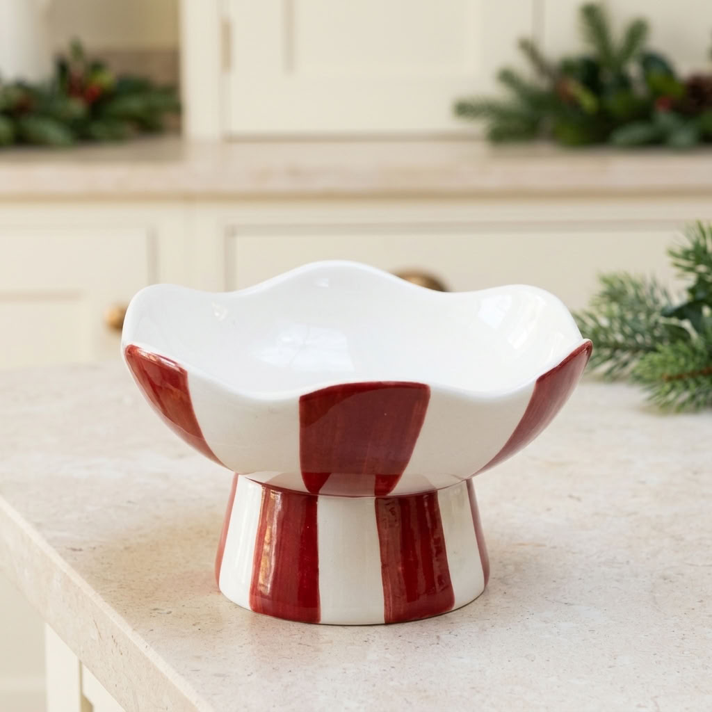 Red & White Striped Candy Bowl displayed empty on a light worktop in a bright English country kitchen