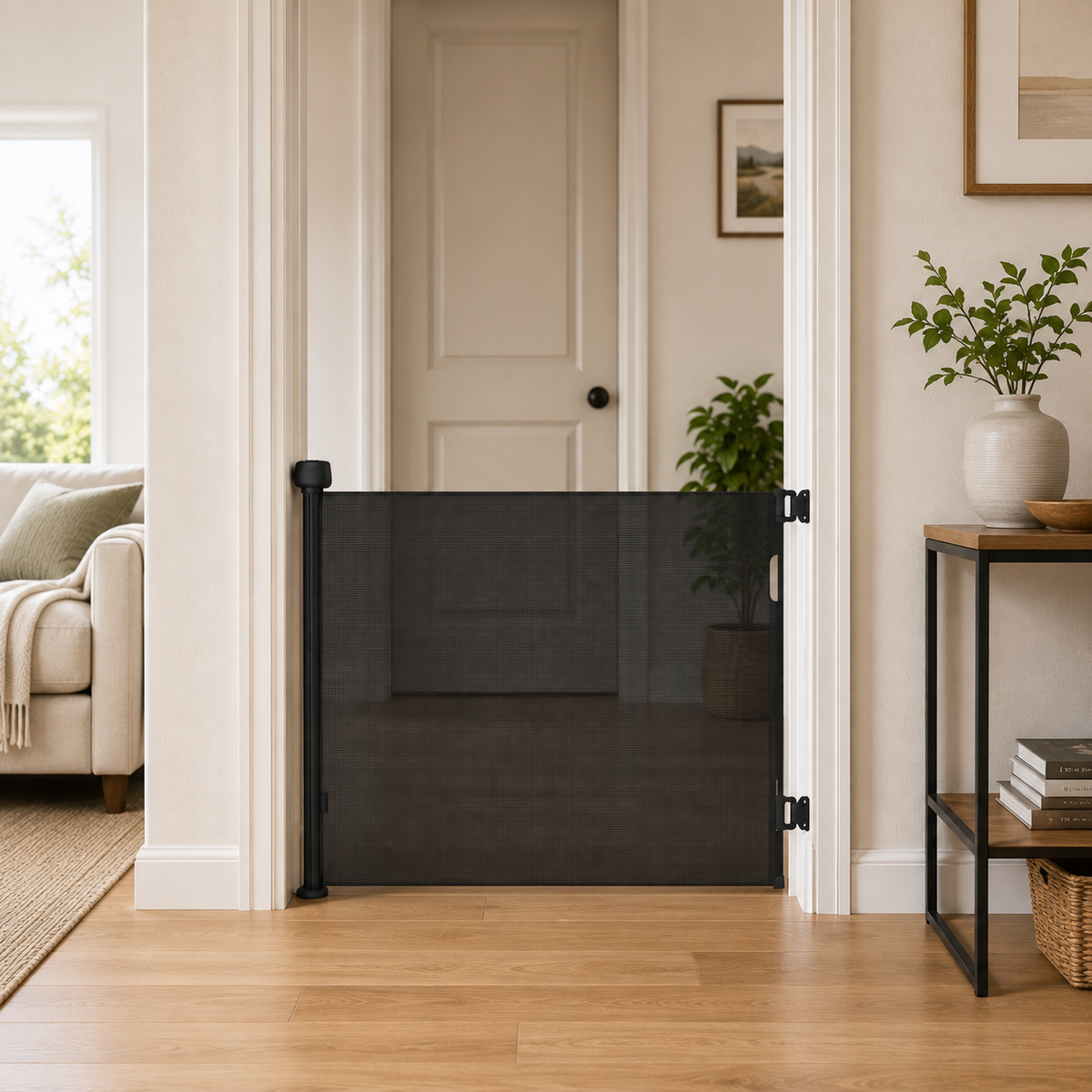 Black retractable baby safety stair gate fitted across a doorway in the home